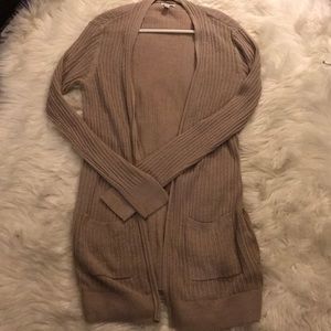 Selling a long brown knit cardigan.
